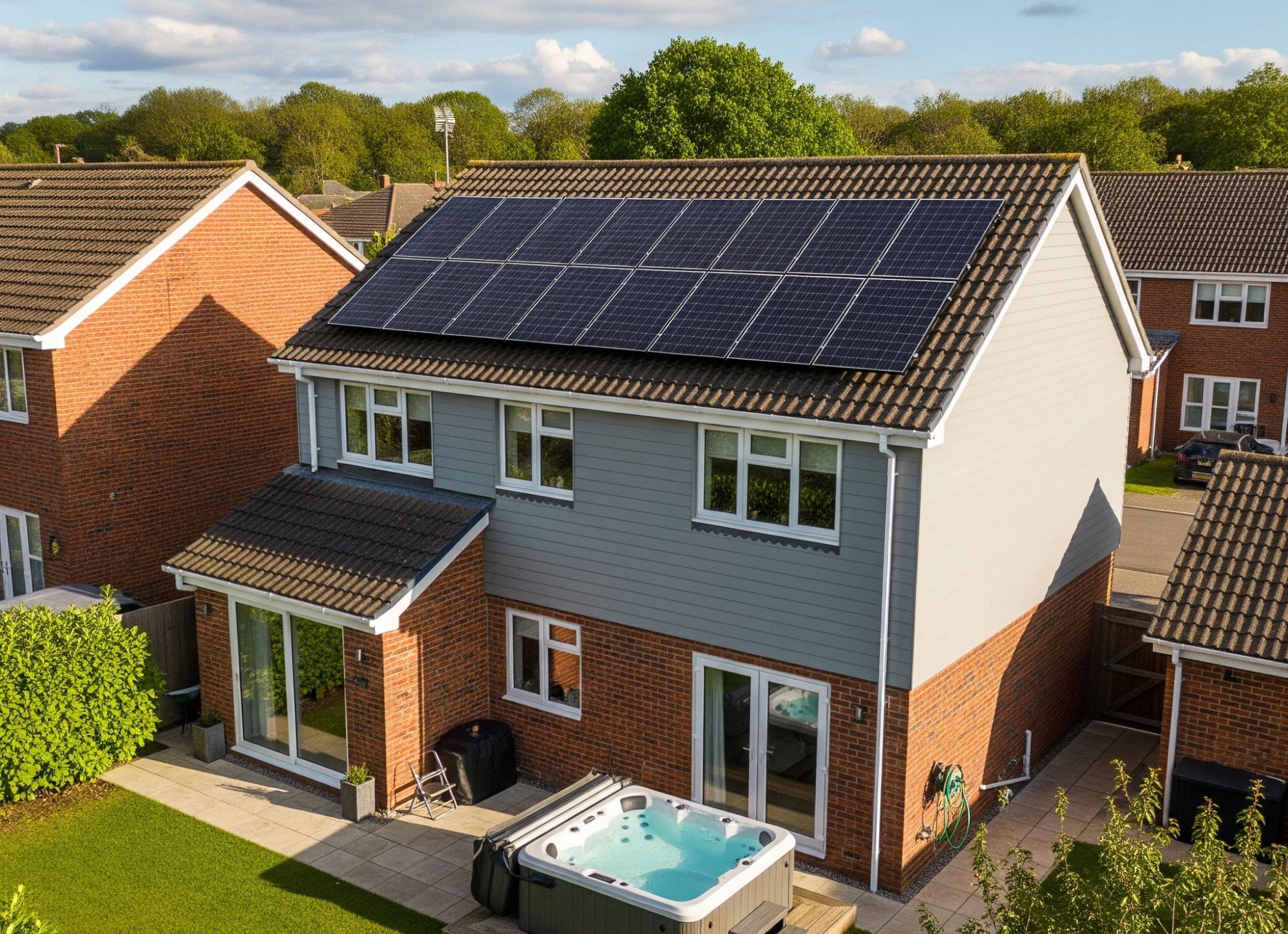 Solar panels installed on the roof of a residential property in the UK powering a hot tub placed outside